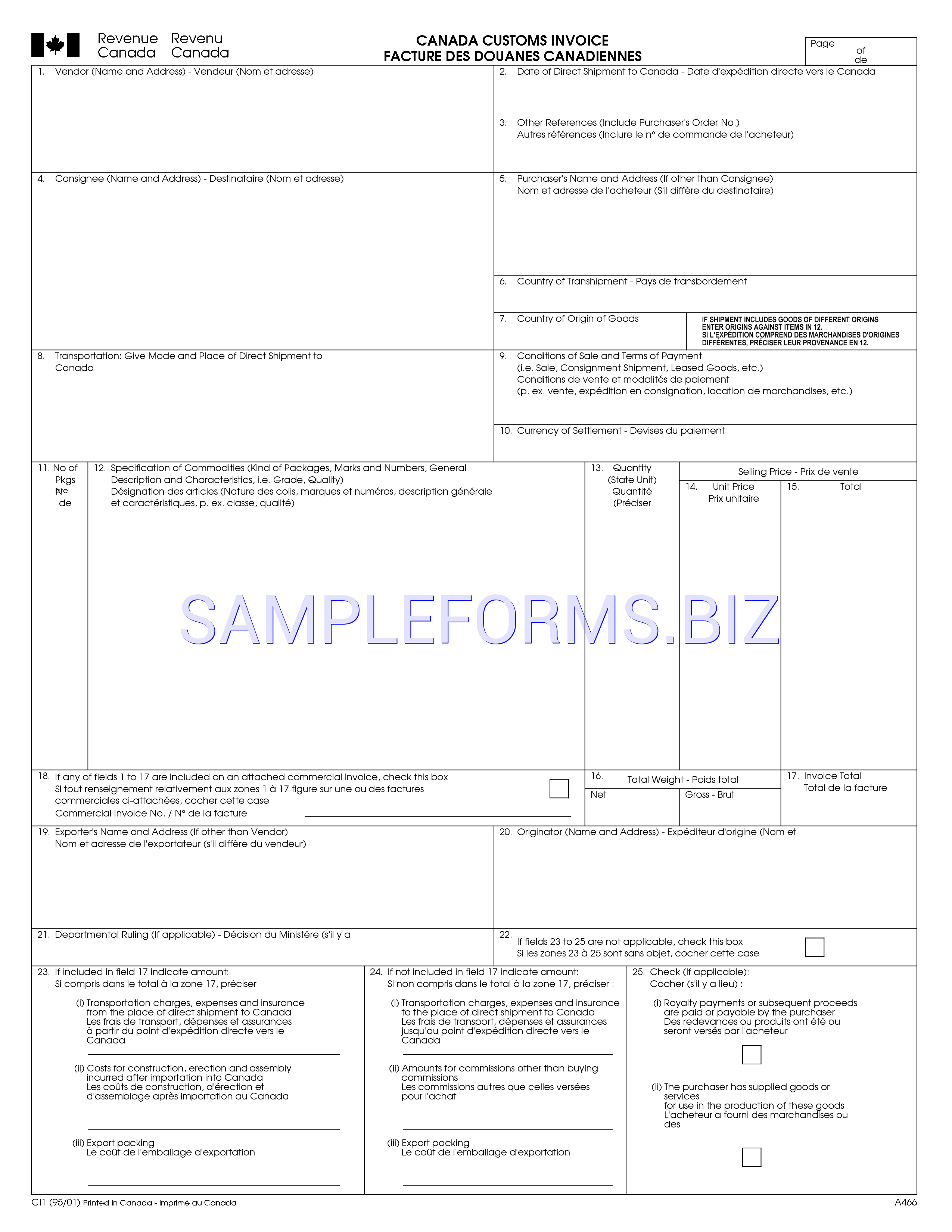 Preview free downloadable Canada Customs Invoice 1 in PDF (page 1)